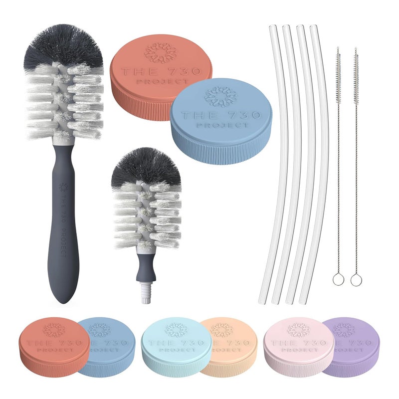The 730 Project Honey Bear Cup Accessory Pack, 4 Straws and 2 Travel Lids for Honey Bear Straw Cup for Babies with Bottle Brush and Straw Cleaner Brush, Blueberry Pie & Firetruck - Image 1